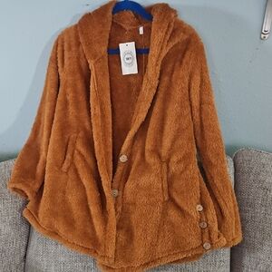 Cozy Faux Fur Hooded Button Jacket - Burnt Orange